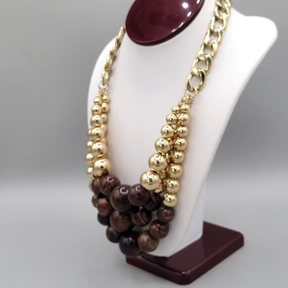 Erica Lyons Chunky Beaded Statement Necklace Gold Brown Beads Triple Strand - Picture 3 of 9